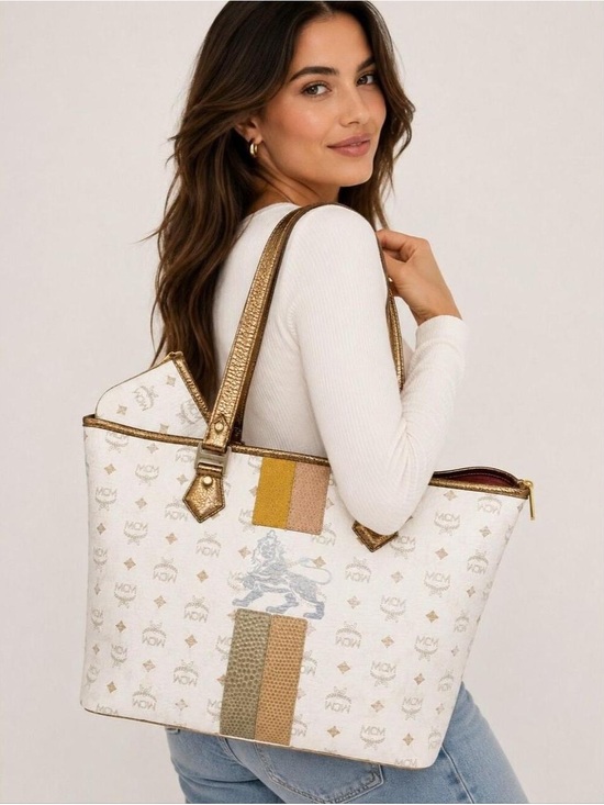 MCM Handbags - MCM White Visetos Tote with Gold Trim and Multicolor Stripe